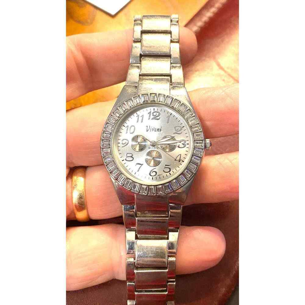 Women's Silver Tone Vivani Watch, Crystal Accented Bezel, Adjustable Band